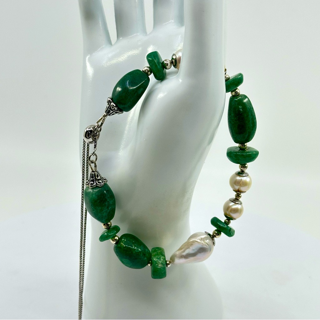 #356 Handmade Plus Size Bracelet Avanturine & White Pearls Adjustable